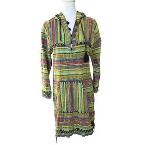 Jayli Nepal Woven Cotton Tunic Hoodie Dress Striped Boho Festival‎ Small